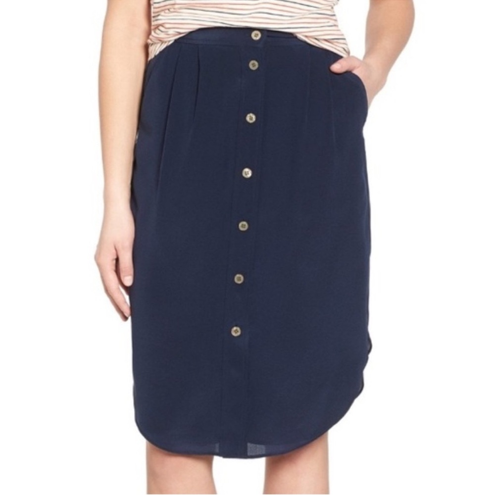 Madewell Island 100% silk button front lined S pockets navy blue midi skirt